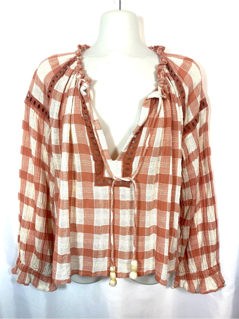 FREE PEOPLE Honey Grove Plaid Cotton Gauze Top Blouse with Tassels